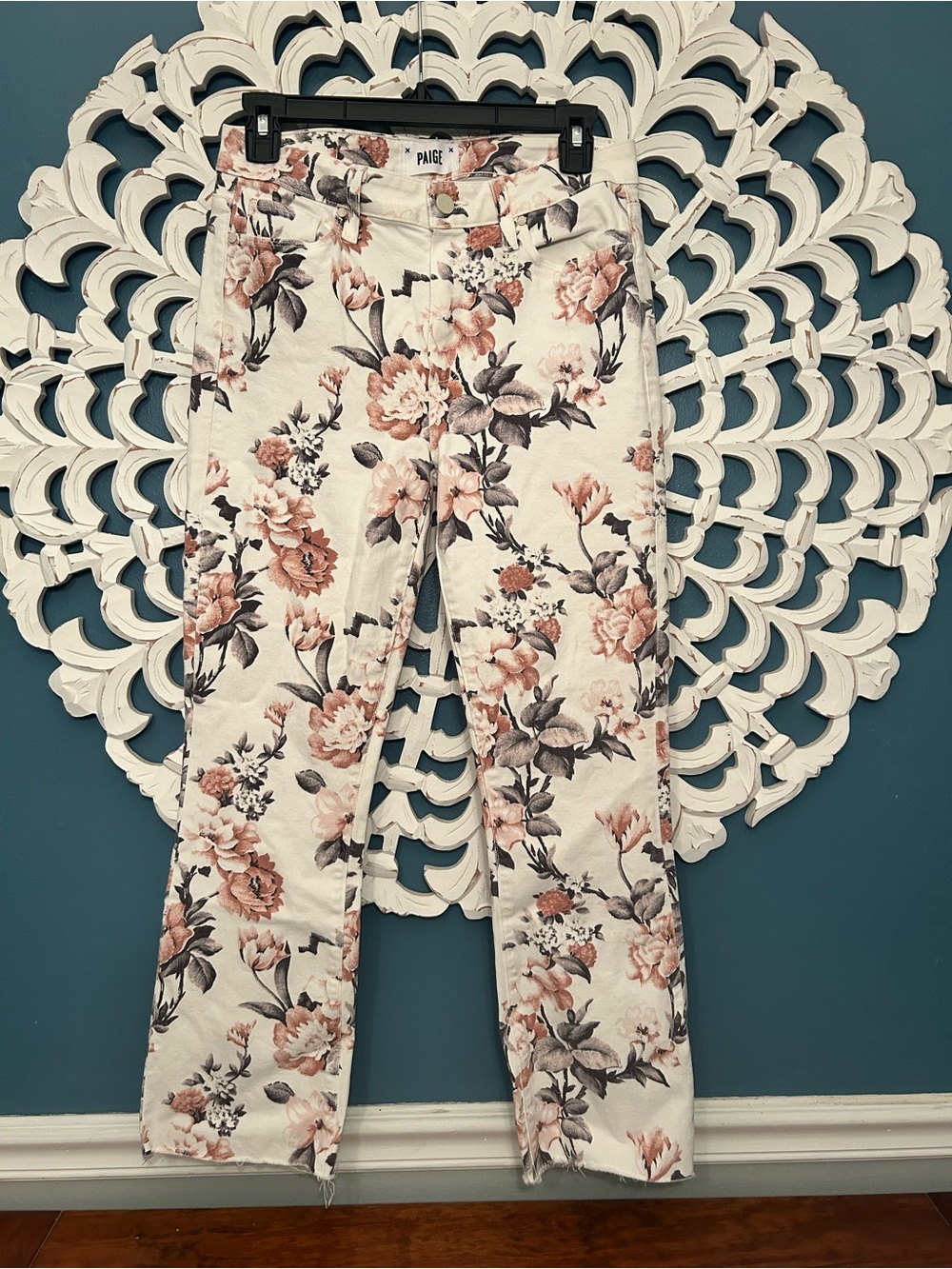 PAIGE Colette Crop Flare Jeans in a cream and pink "Desert Wildflower